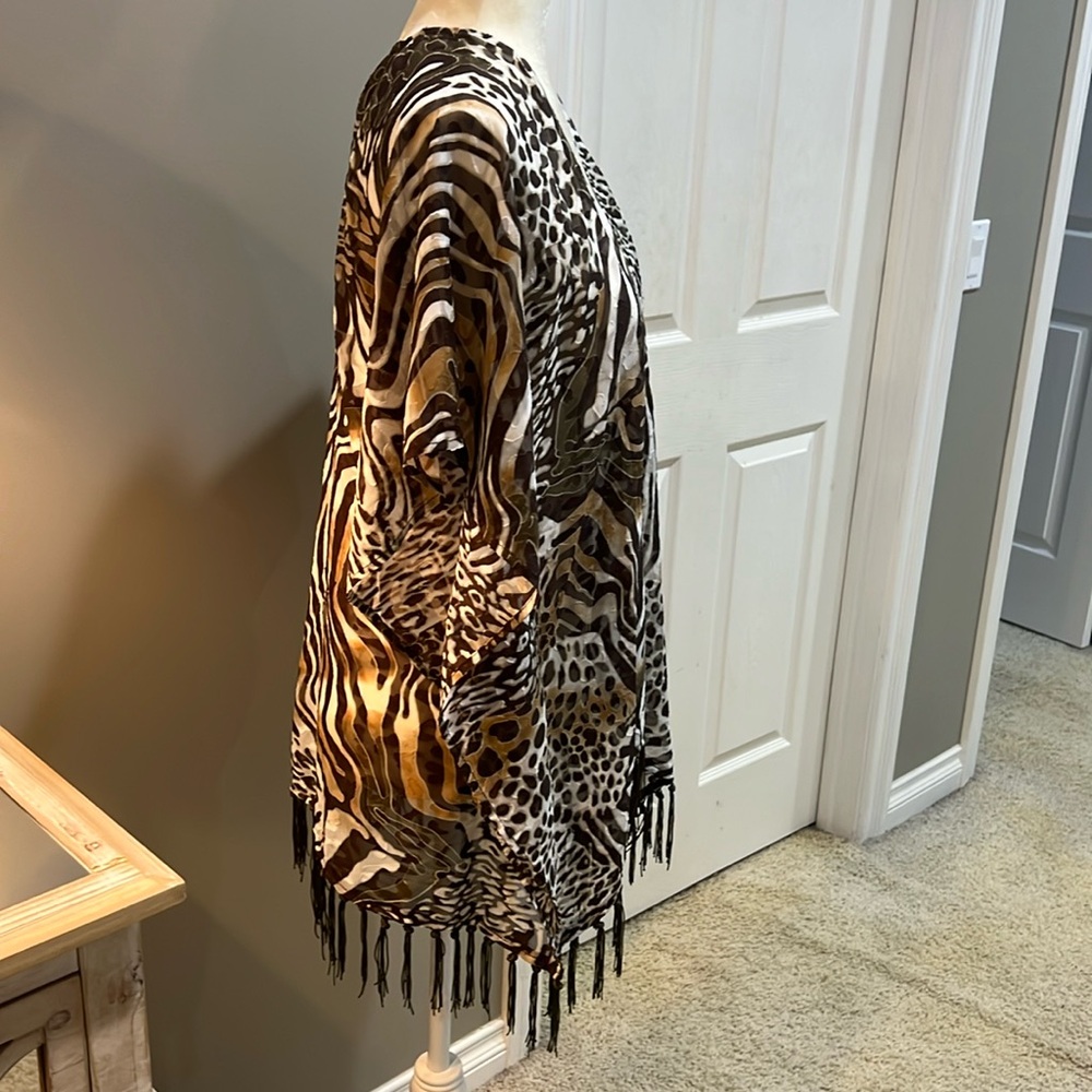 NWT CHICO’S Ruana Animal Print Burnout Sheer Fringe Cardigan - Picture 4 of 14